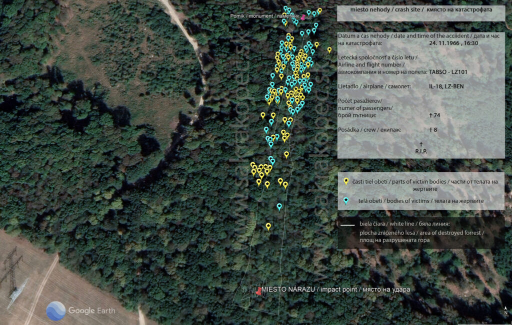 Mapa leteckej nehody IL-18 LZ-BEN - zobrazuje rozsah tragédie