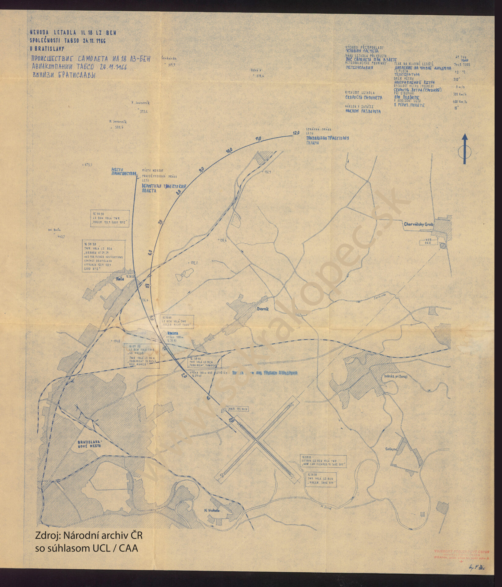 Mapa trasy letu a správnej trasy IL-18 LZ-BEN